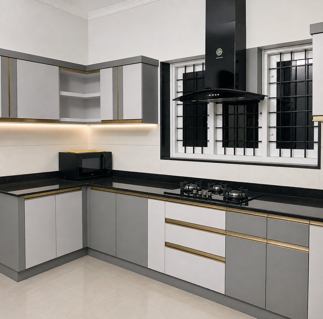 Kitchen before styling: bare cabinetry, cool lighting