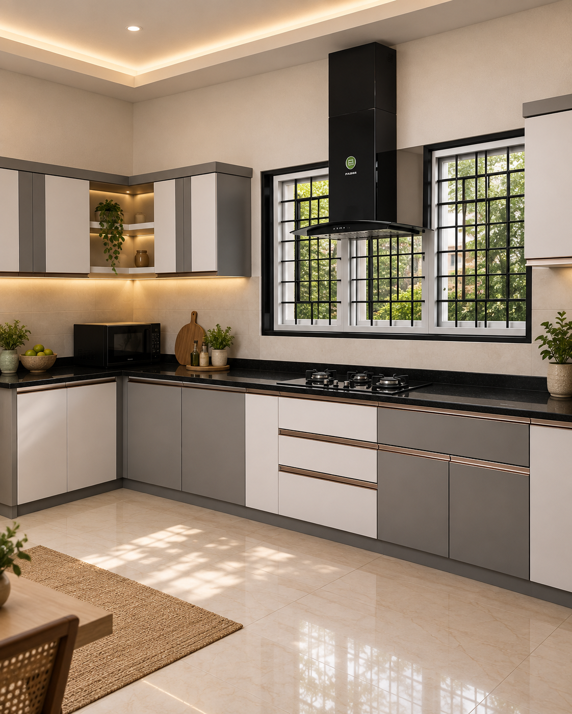 The same kitchen after Fabrimania styling: warm lighting, plants and everyday objects in place