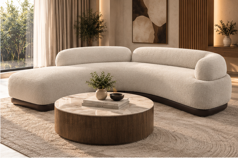 Curved bouclé sofa in a sunlit living room with a wool rug and walnut coffee table