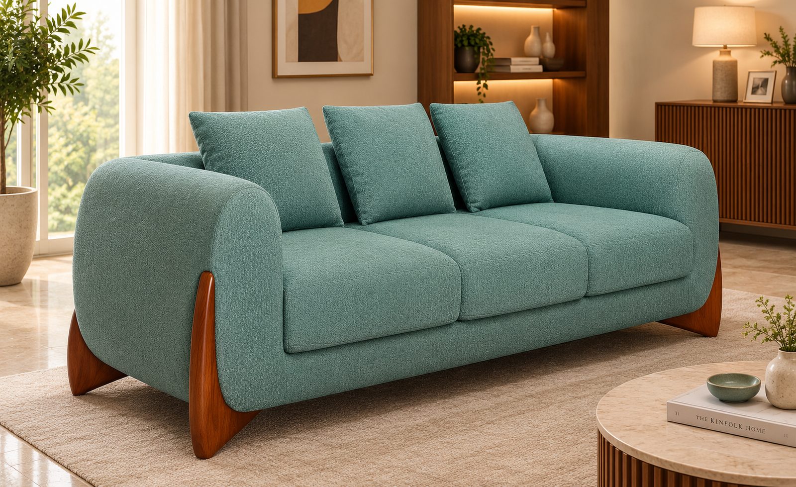 Solid wood block leg detail on a sectional sofa