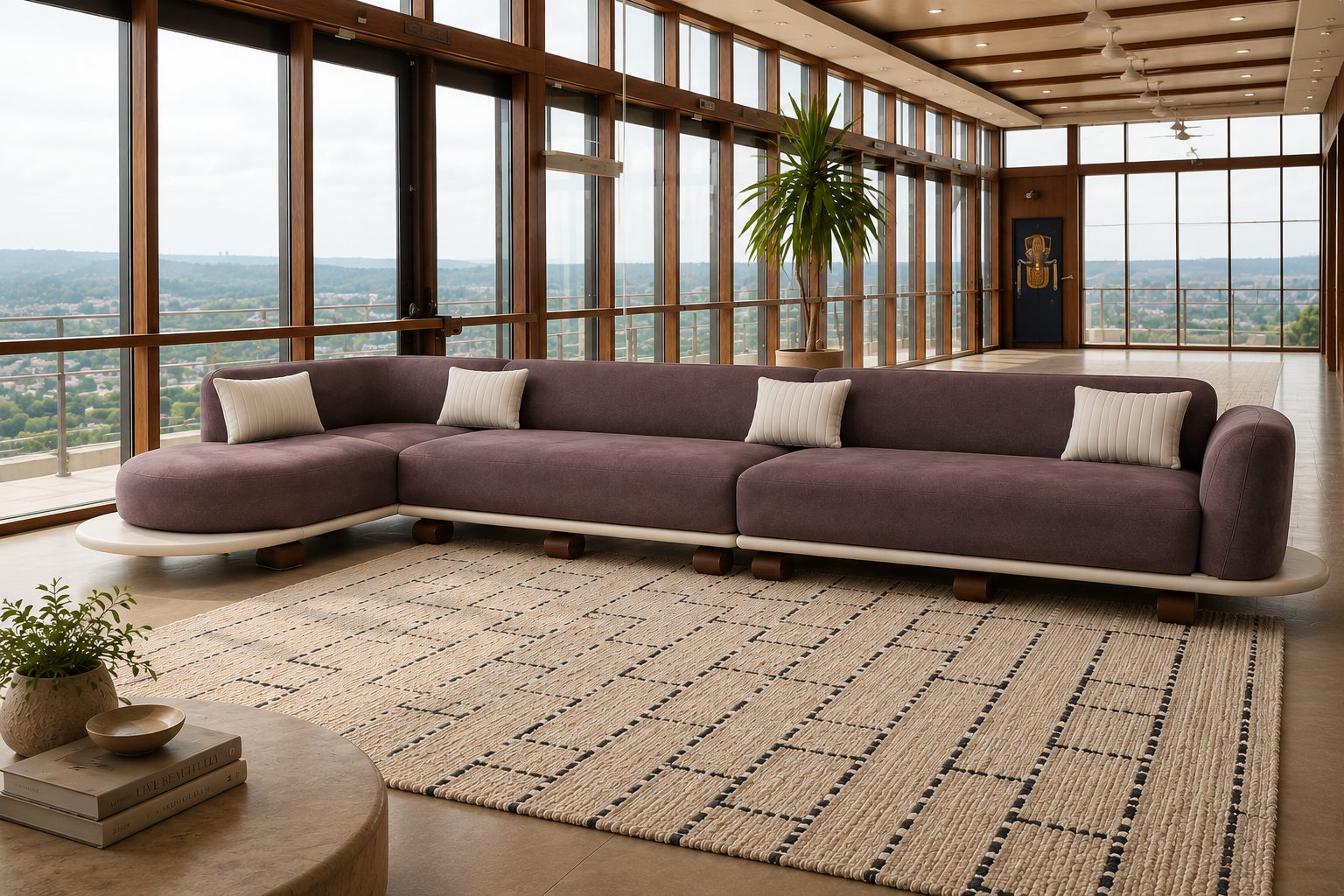 Aubergine sectional sofa in a sunlit penthouse living room